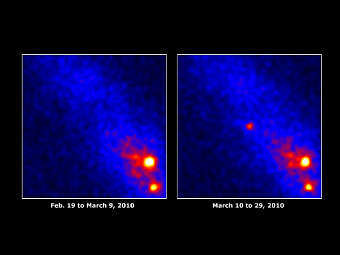 ���� V407 Cyg, ��������� "�����" �� (�����) � ����� (������) ������� �����. ����������� NASA/DOE/Fermi LAT Collaboration