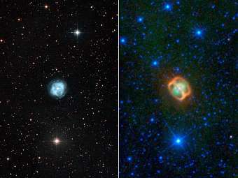 ����������� ���������� NGC 1514 � ������� (�����) � ������������ (������) ����������. ����������� NASA/JPL-Caltech/UCLA/Digitized Sky Survey/STScI